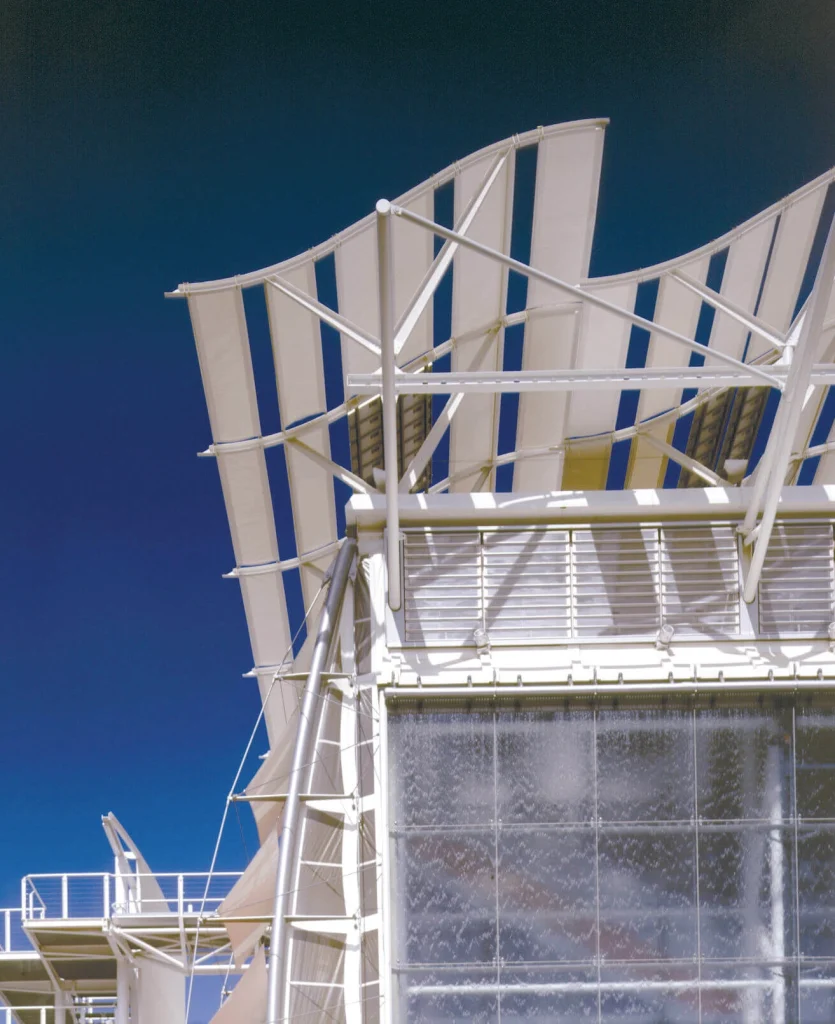 The British Pavilion for the 1992 Expo in Seville showed Grimshaw’s fascination with daylight effects: ‘We had water running down the glass facade. There was something extraordinarily satisfying about getting daylight through water – it made you feel cool just looking at it’