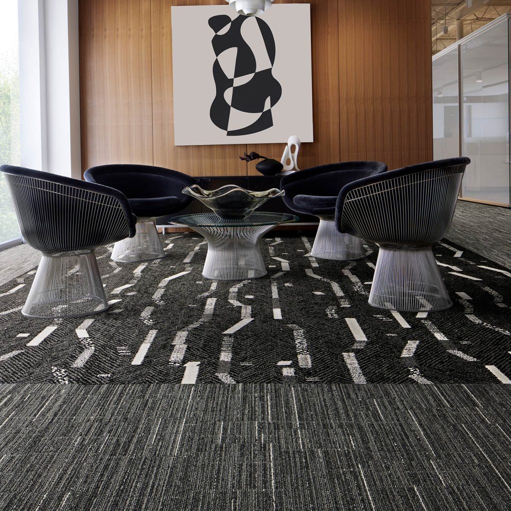 The Interface Dressed Lines carpet tile collection is inspired by post-war modernism and 1950s fashion