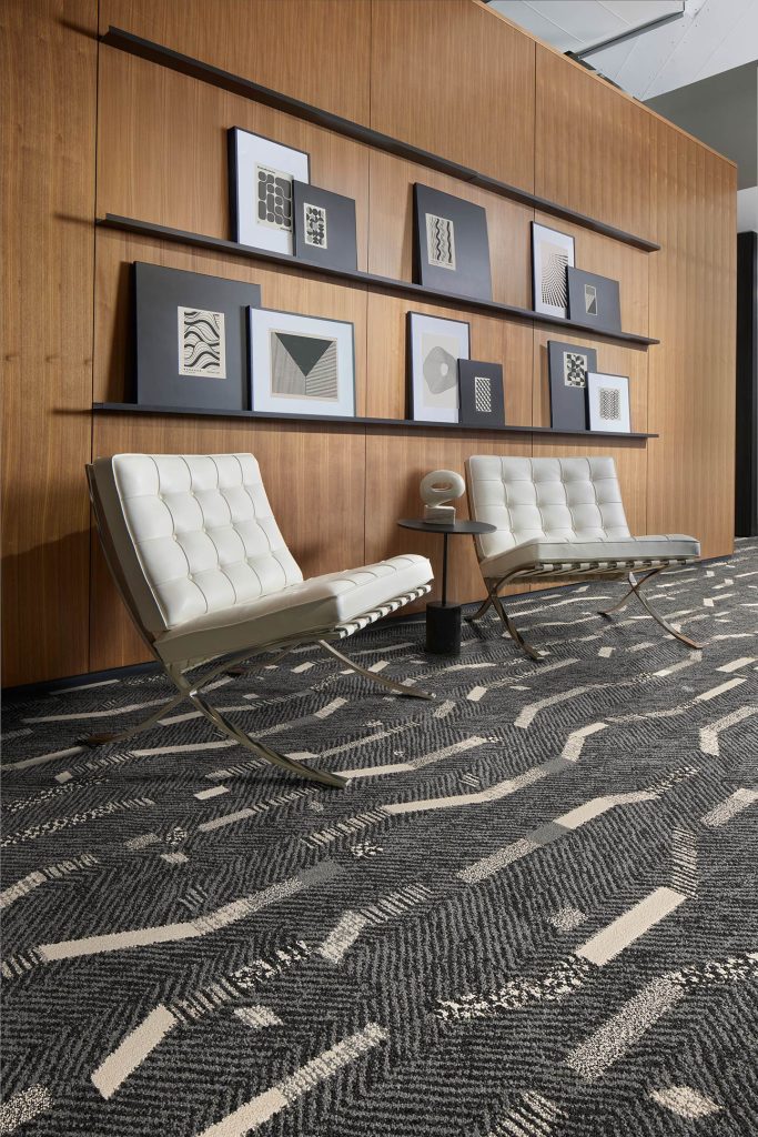 The Interface Dressed Lines carpet tile collection is inspired by post-war modernism and 1950s fashion
